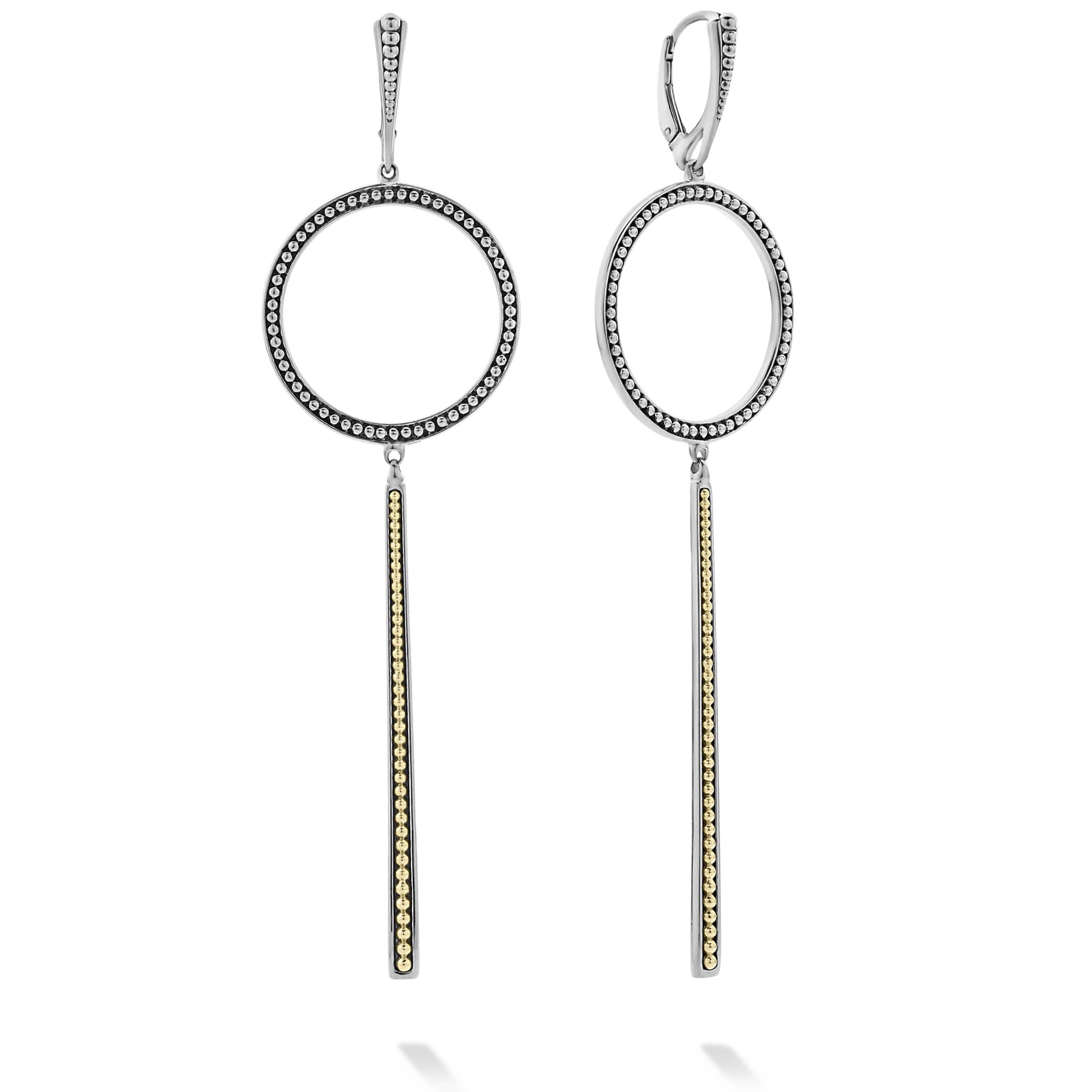 Sterling silver and 18K gold Caviar beaded linear circle drop earrings.
