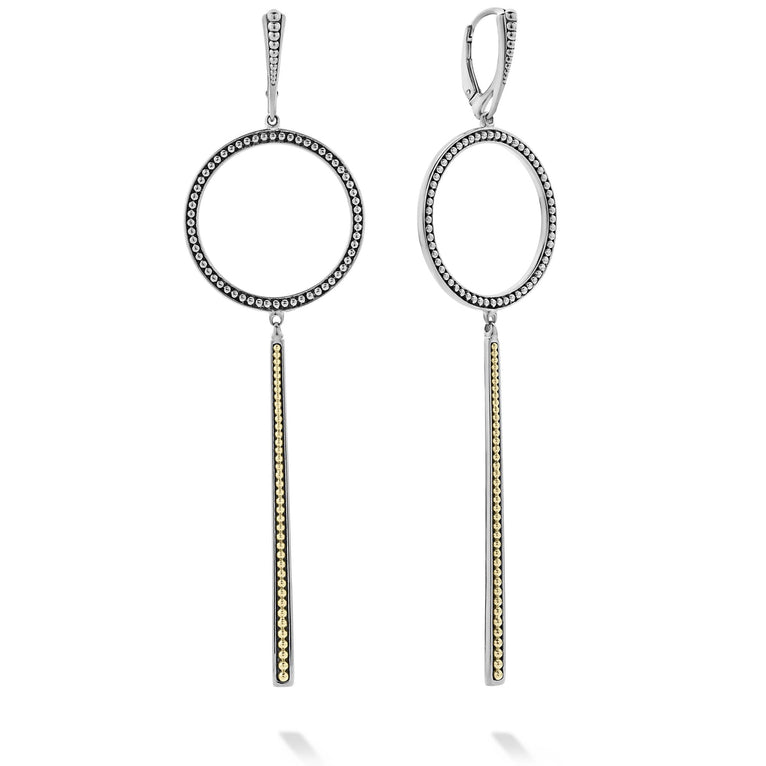 Sterling silver and 18K gold Caviar beaded linear circle drop earrings.