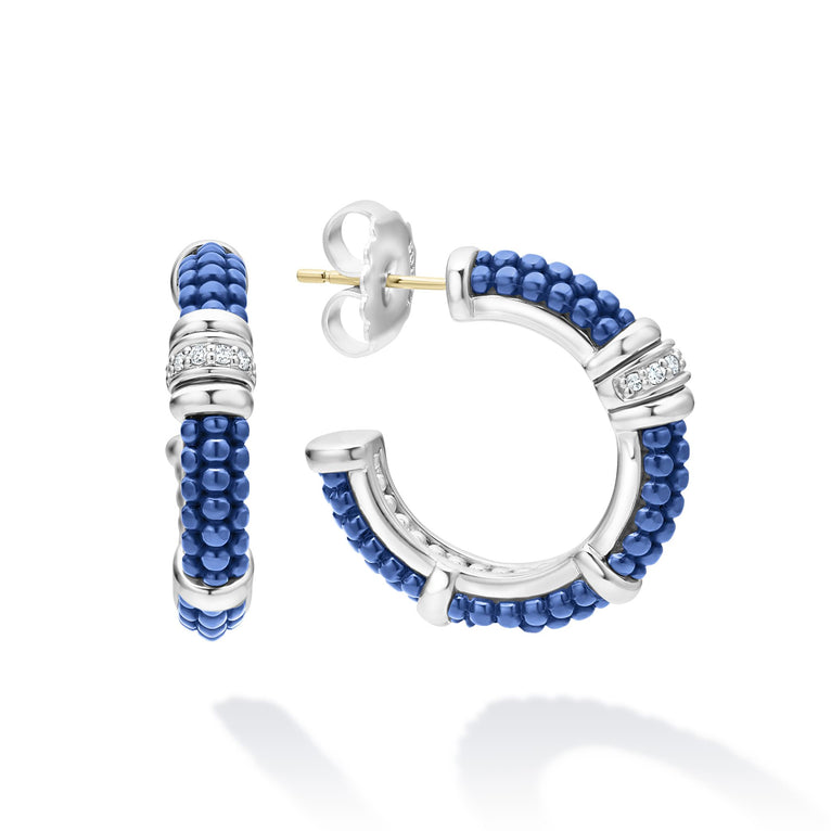 Ultramarine ceramic Caviar beading, sterling silver and diamonds form these hoop earrings. LAGOS diamonds are the highest quality natural stones.