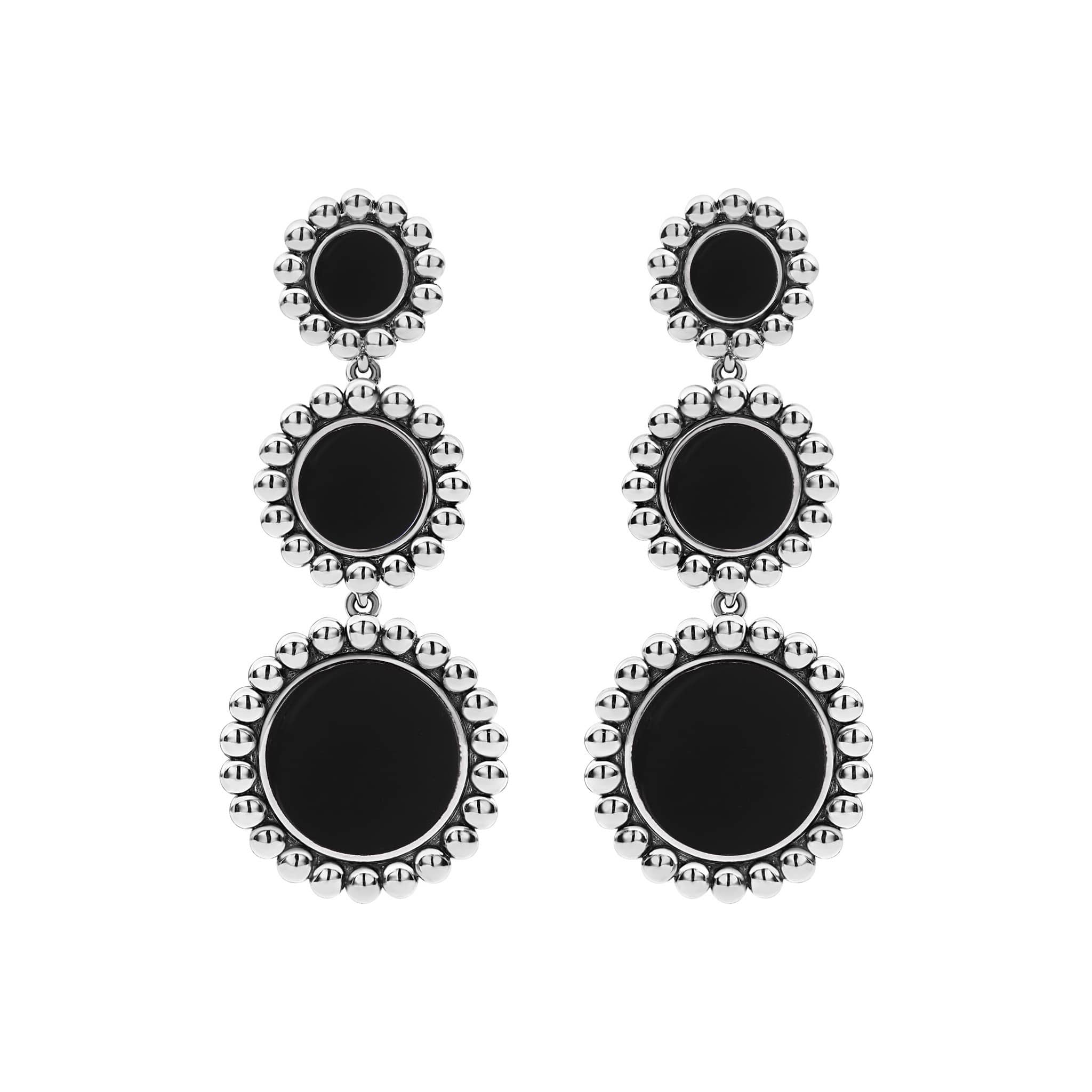 Maya Three Onyx Circle Drop Earrings featuring polished onyx discs framed by sterling silver caviar beading, offering a bold and elegant accessory.