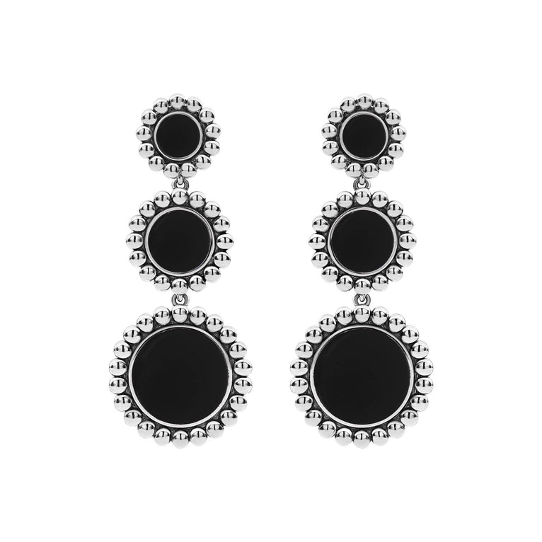 Maya Three Onyx Circle Drop Earrings featuring polished onyx discs framed by sterling silver caviar beading, offering a bold and elegant accessory.