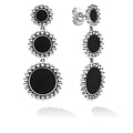 Onyx gemstone circle drop earrings surrounded by sterling silver Caviar beading.