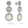 Mother of pearl gemstone circle drop earrings surrounded by sterling silver Caviar beading.