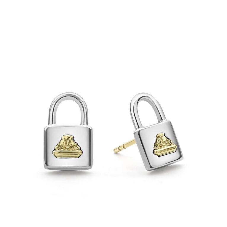 Sterling silver lock earrings with an 18k gold LAGOS crest.