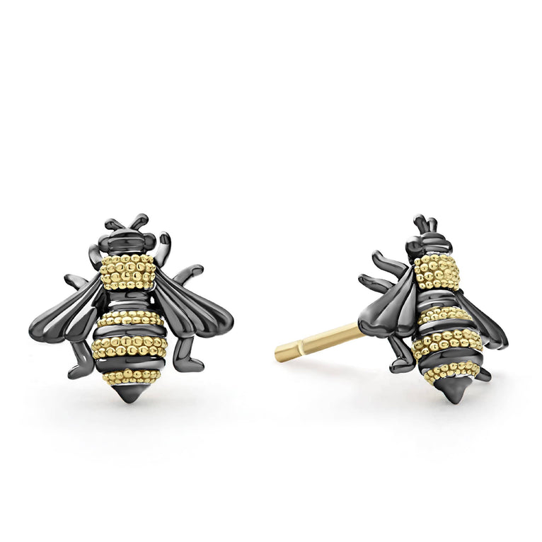 Honeybee stud earrings with 18K gold Caviar beading and black rhodium on sterling silver.