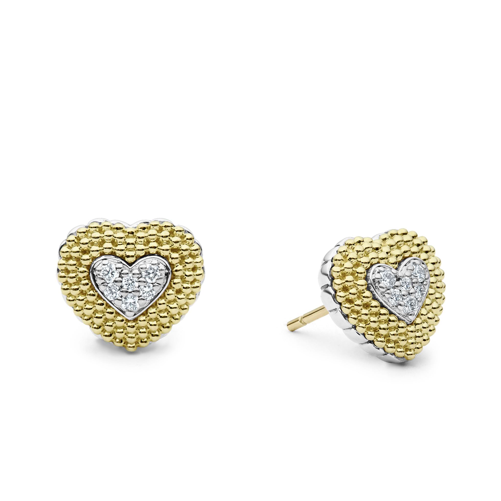 Diamond heart stud earrings highlighted with 18k gold classic Caviar beading. LAGOS diamonds are the highest quality natural stones.