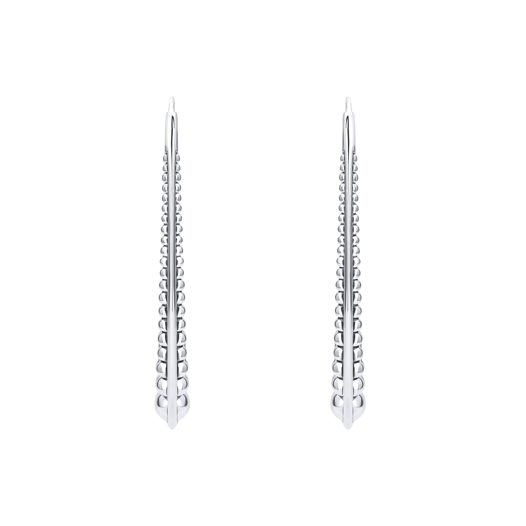 Signature Caviar Smooth Hook Drop Earrings in sterling silver feature vertical stems with Caviar beading and French wire backs, showcasing LAGOS elegance and craftsmanship.