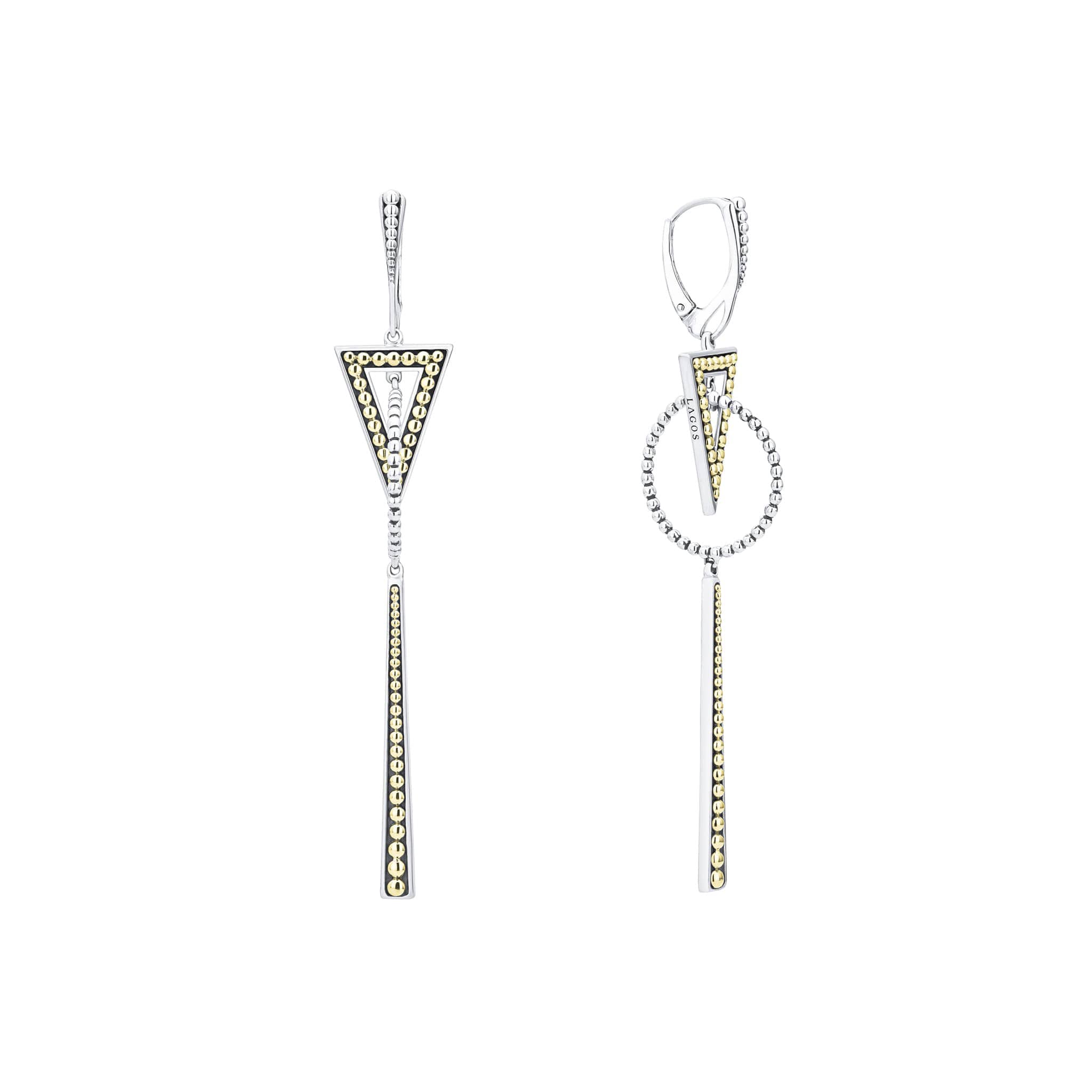 Caviar 18K gold and sterling silver triangle, circle and linear drop earrings. Lightweight and easy to wear with other signature designs.