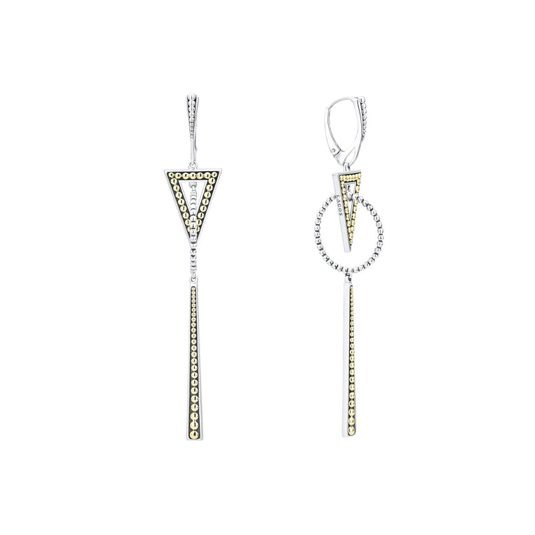 Caviar 18K gold and sterling silver triangle, circle and linear drop earrings. Lightweight and easy to wear with other signature designs.
