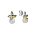 Signature sterling silver and 18K gold beading form these pearl earrings.