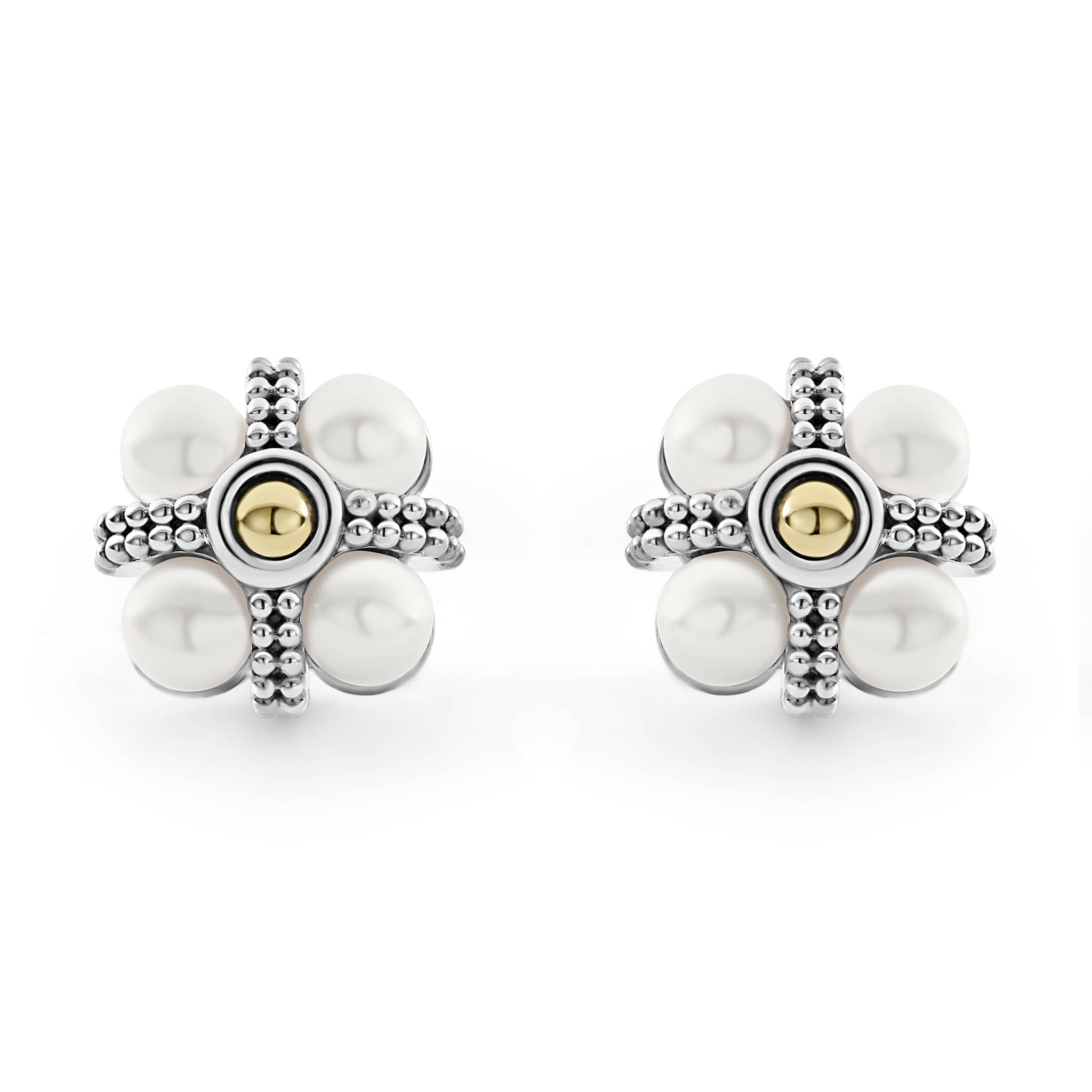 Luna Caviar Pearl Stud Earrings featuring four cultured pearls set in a beaded silver frame with gold accents, reflecting LAGOS elegance and craftsmanship.