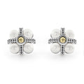 Luna Caviar Pearl Stud Earrings featuring four cultured pearls set in a beaded silver frame with gold accents, reflecting LAGOS elegance and craftsmanship.