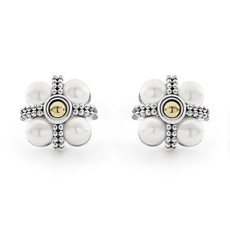 Luna Caviar Pearl Stud Earrings featuring four cultured pearls set in a beaded silver frame with gold accents, reflecting LAGOS elegance and craftsmanship.