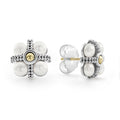 Luna Caviar Pearl Stud Earrings feature small flower-shaped studs with sterling silver beading, four cultured freshwater pearl petals, and an 18K gold center bead.