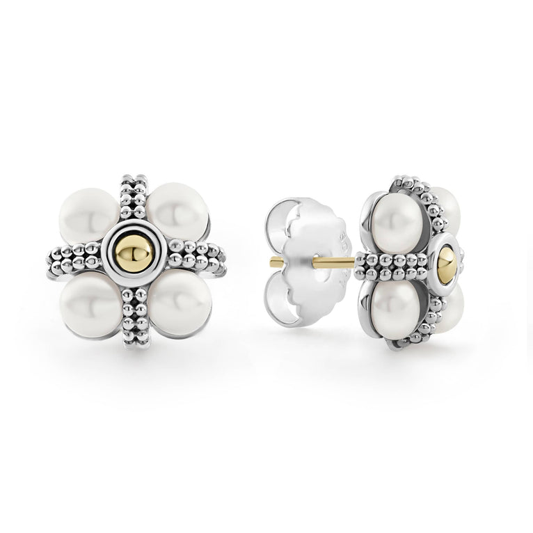 Luna Caviar Pearl Stud Earrings feature small flower-shaped studs with sterling silver beading, four cultured freshwater pearl petals, and an 18K gold center bead.