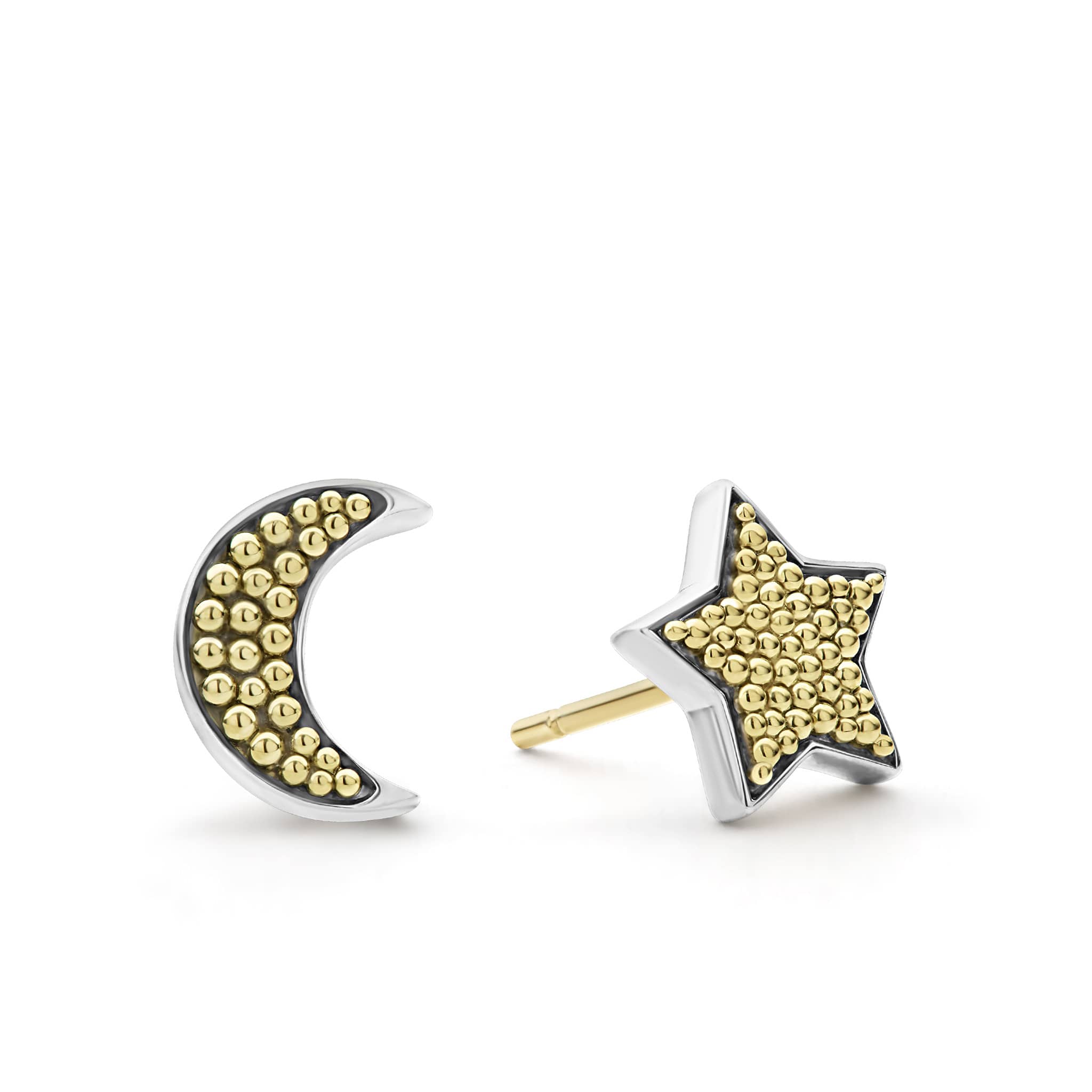 Sterling silver and 18K gold Caviar beading form these moon and star earrings.