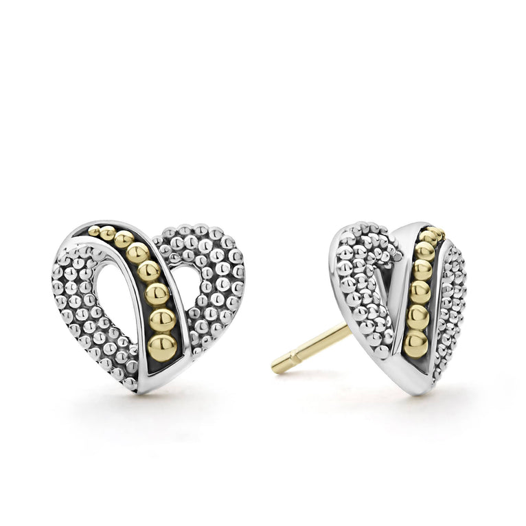 Heart stud earrings with classic Caviar beading in sterling silver and details of 18K gold.
