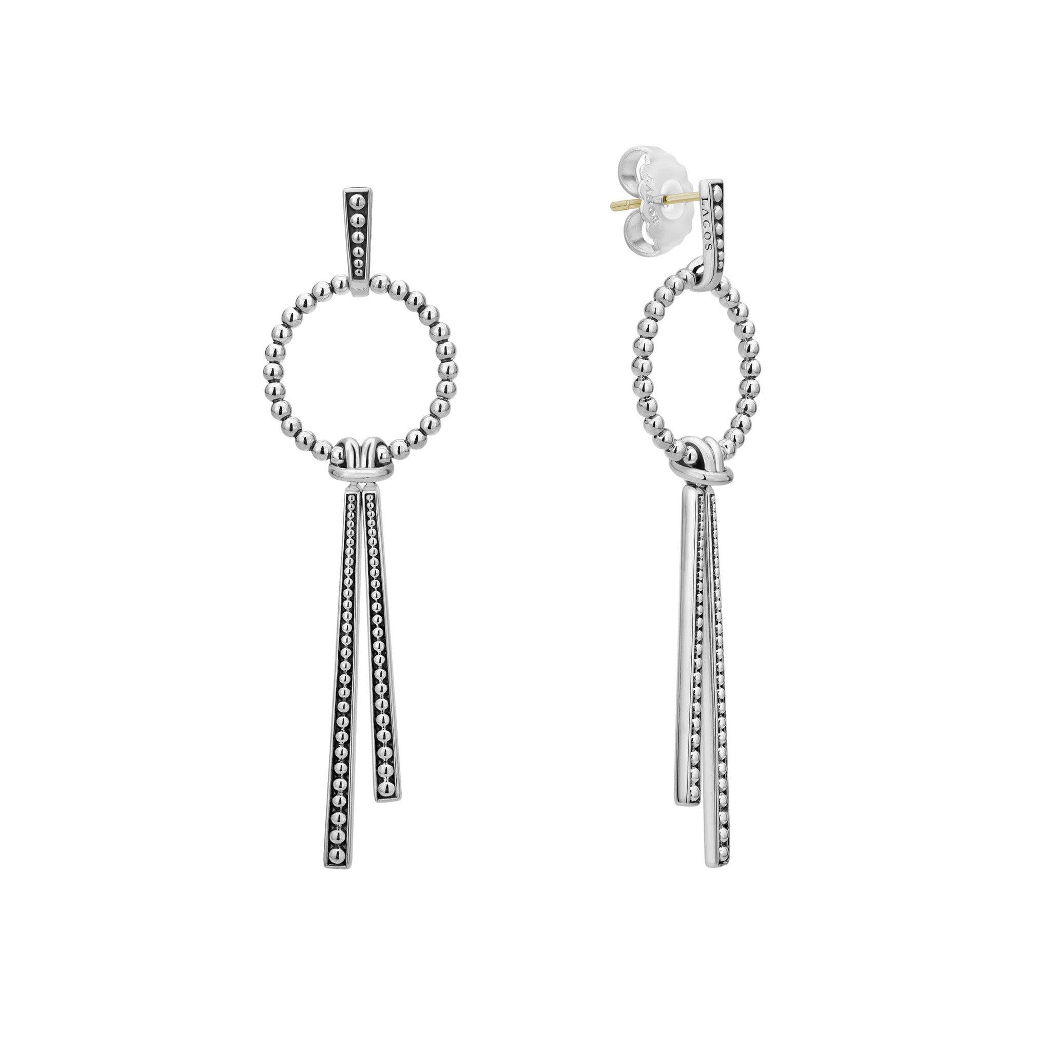 Sterling silver circle drop earrings with two hanging Caviar beaded stations.