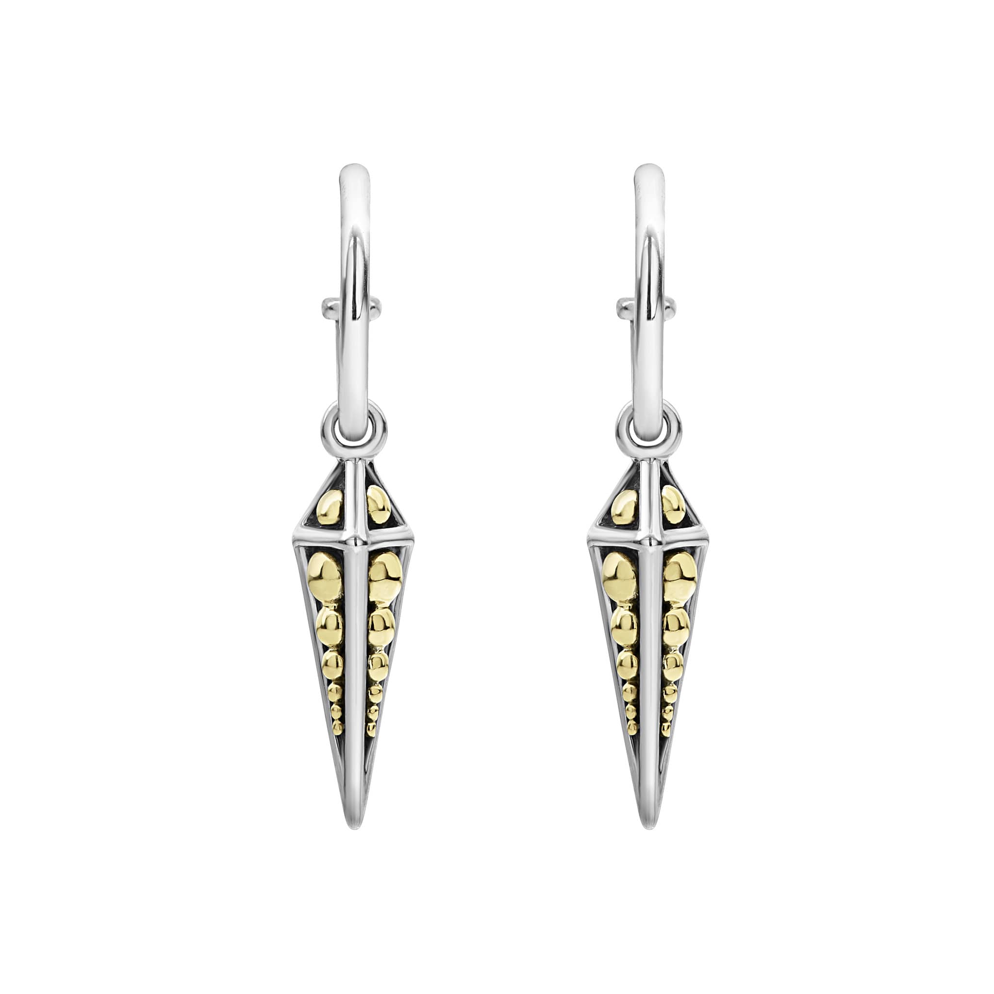 KSL Drop Pyramid Hoop Earrings with sterling silver hoops and 18K gold Caviar beading on pyramid charms, reflecting LAGOS' elegance and craftsmanship.