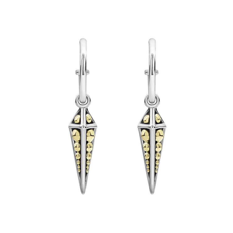 KSL Drop Pyramid Hoop Earrings with sterling silver hoops and 18K gold Caviar beading on pyramid charms, reflecting LAGOS' elegance and craftsmanship.