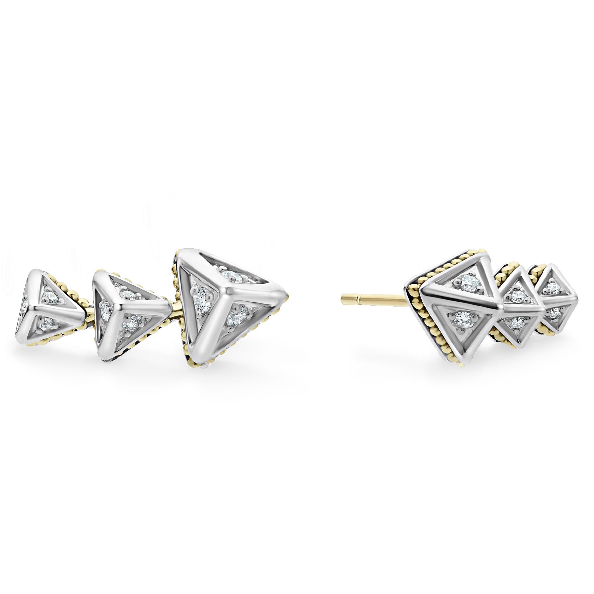 Three diamond pyramids form this crawler earring accented by 18K gold Caviar beading. LAGOS diamonds are the highest quality natural stones.