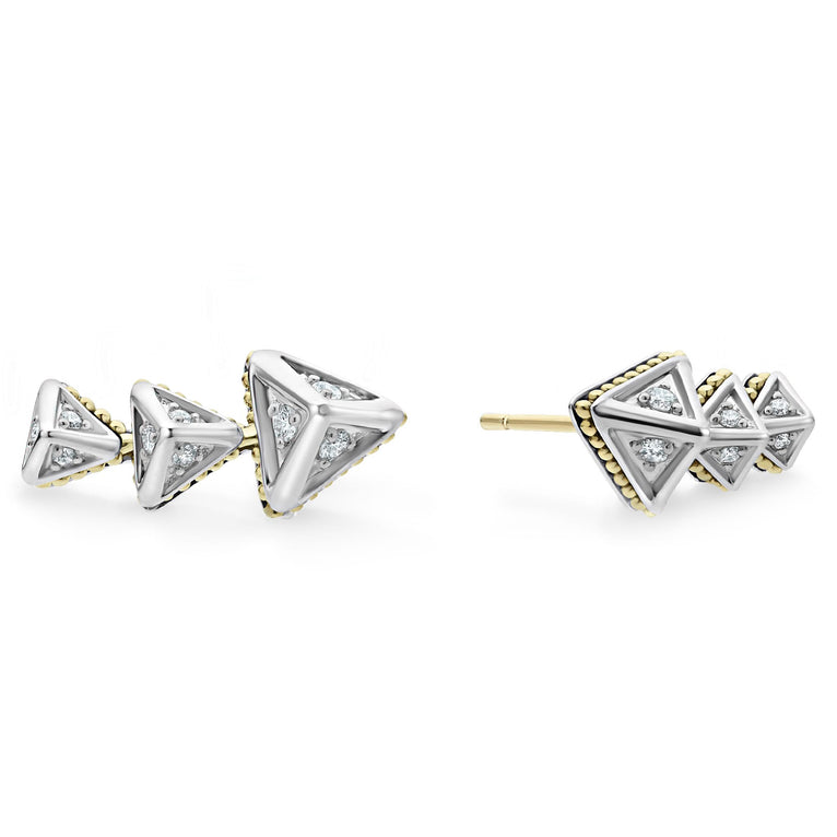 Three diamond pyramids form this crawler earring accented by 18K gold Caviar beading. LAGOS diamonds are the highest quality natural stones.