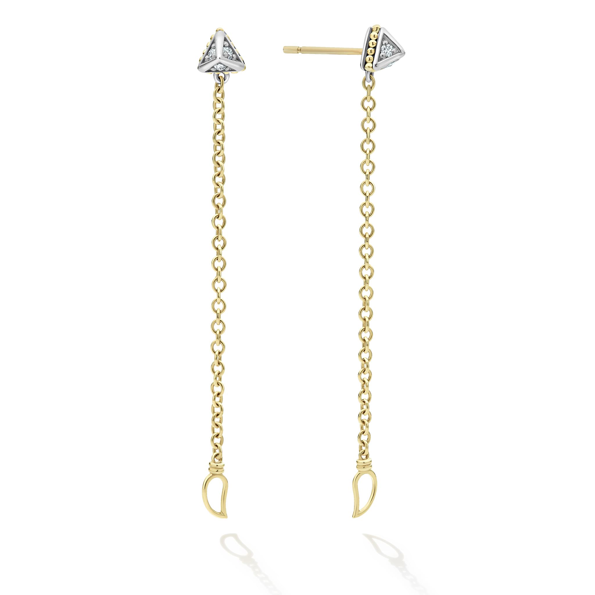 The convertible chain earrings featuring a diamond pyramid with an 18K gold chain that offers three different ways to wear: Drop, Hook chain on same ear piercing, and Hook chain on different ear piercing.