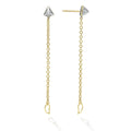 The convertible chain earrings featuring a diamond pyramid with an 18K gold chain that offers three different ways to wear: Drop, Hook chain on same ear piercing, and Hook chain on different ear piercing.