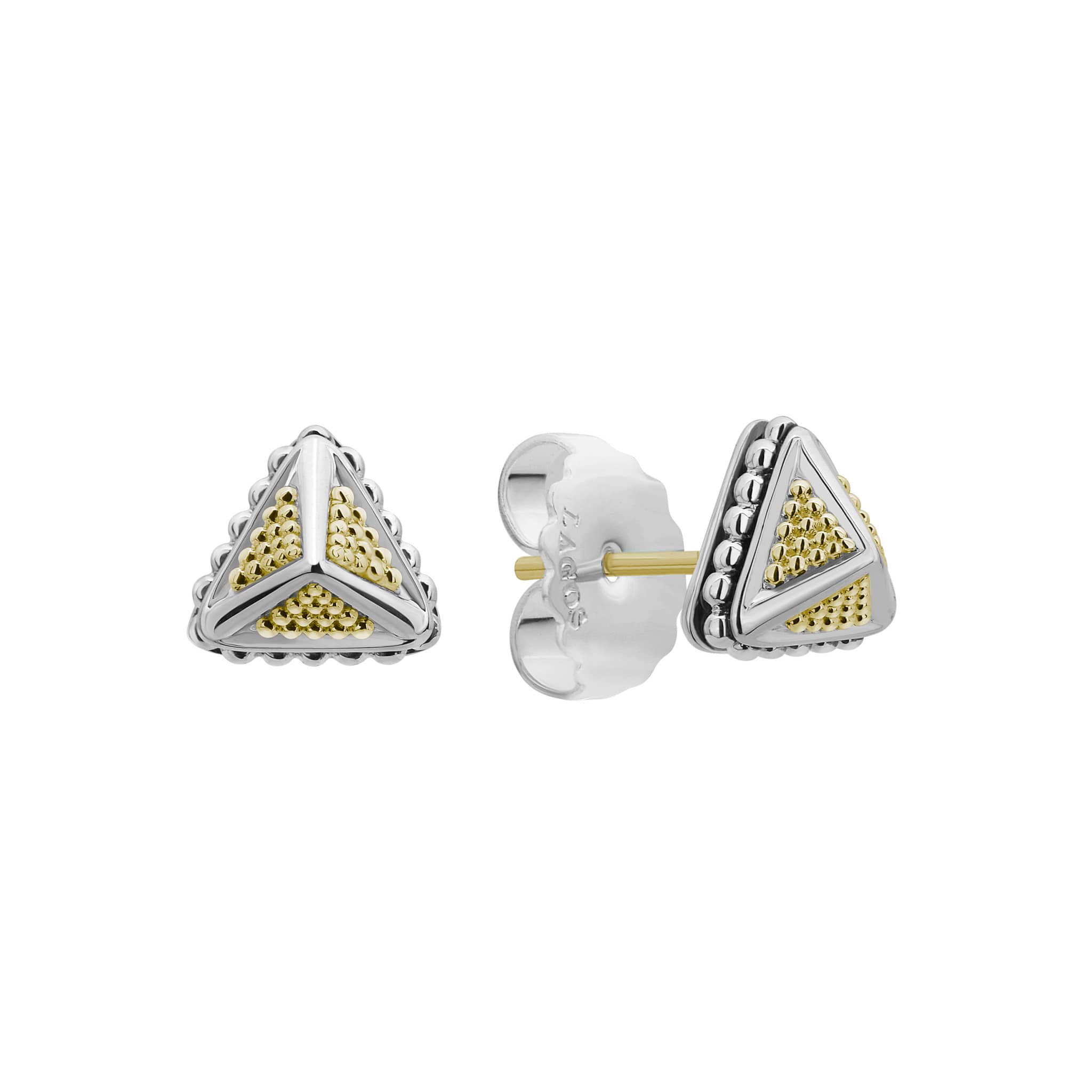 18k gold Caviar beaded pyramid stud earrings with sterling silver accents.