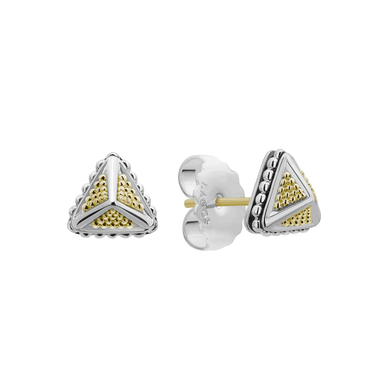 18k gold Caviar beaded pyramid stud earrings with sterling silver accents.