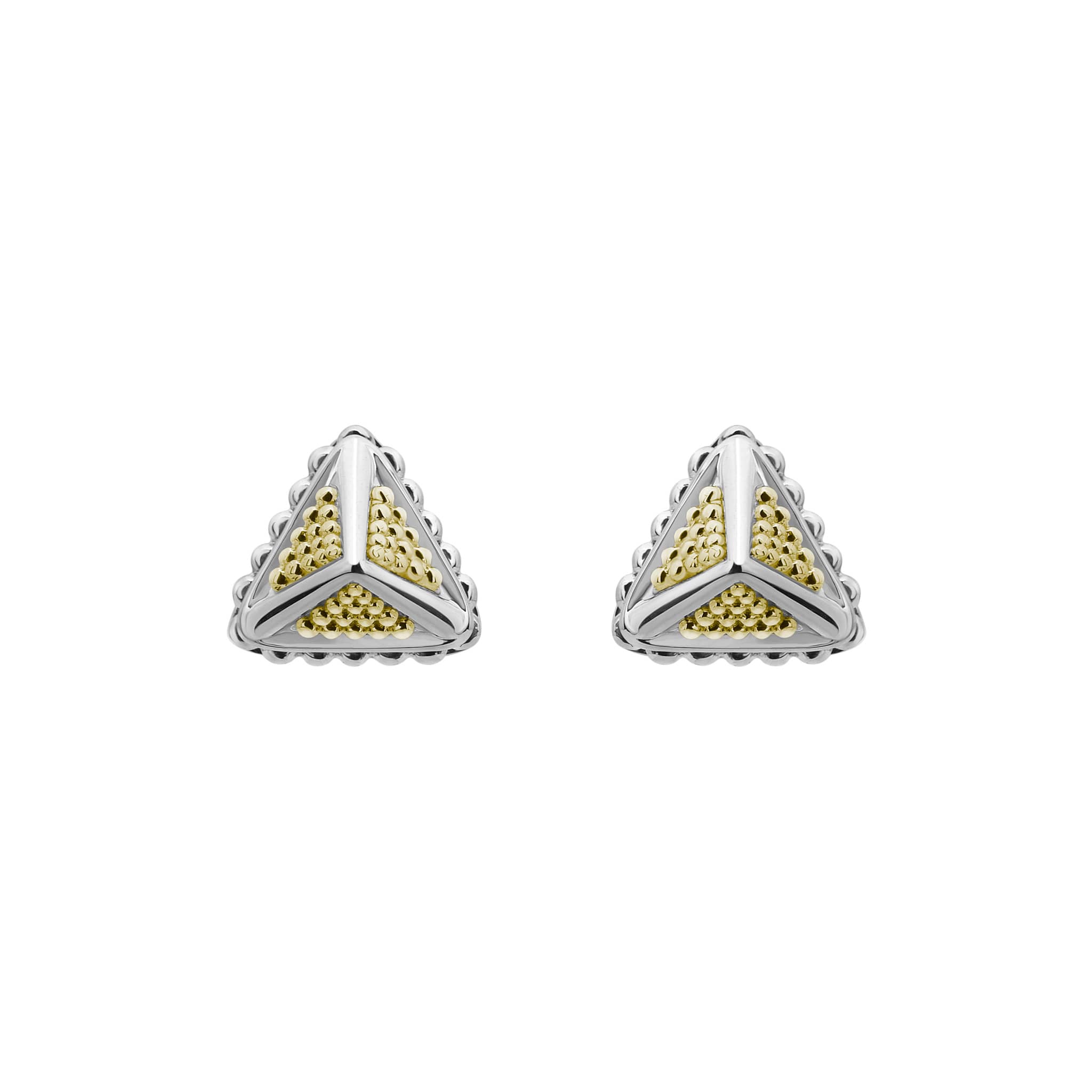 KSL Small Caviar Pyramid Stud Earrings featuring triangular silver frames with gold-tone bead clusters, embodying LAGOS elegance and quality craftsmanship.
