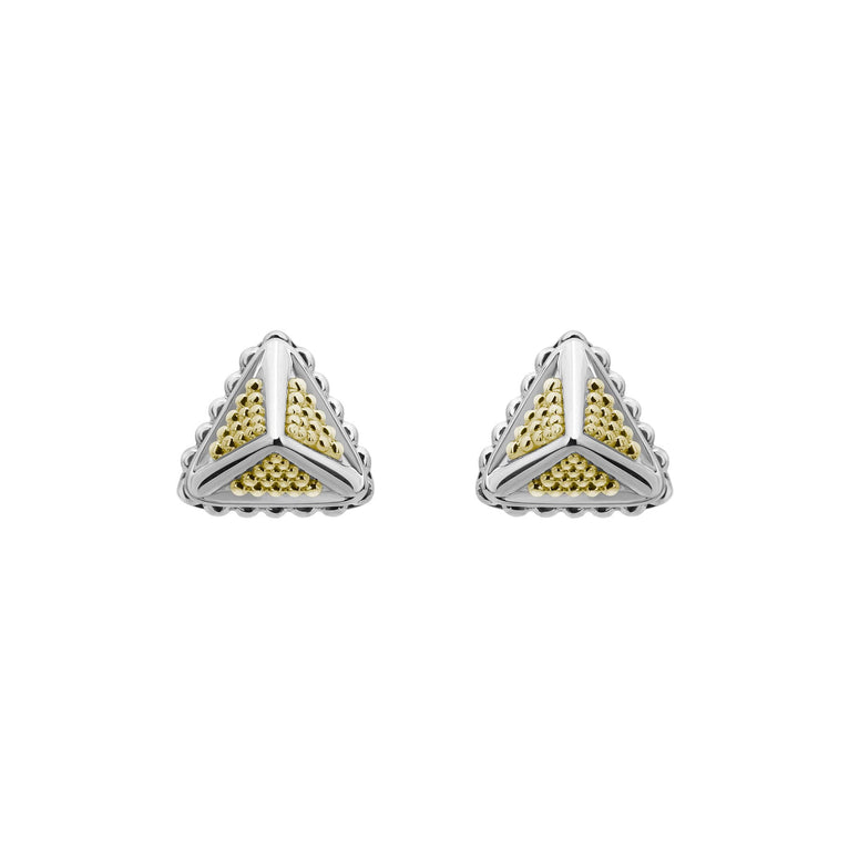KSL Small Caviar Pyramid Stud Earrings featuring triangular silver frames with gold-tone bead clusters, embodying LAGOS elegance and quality craftsmanship.