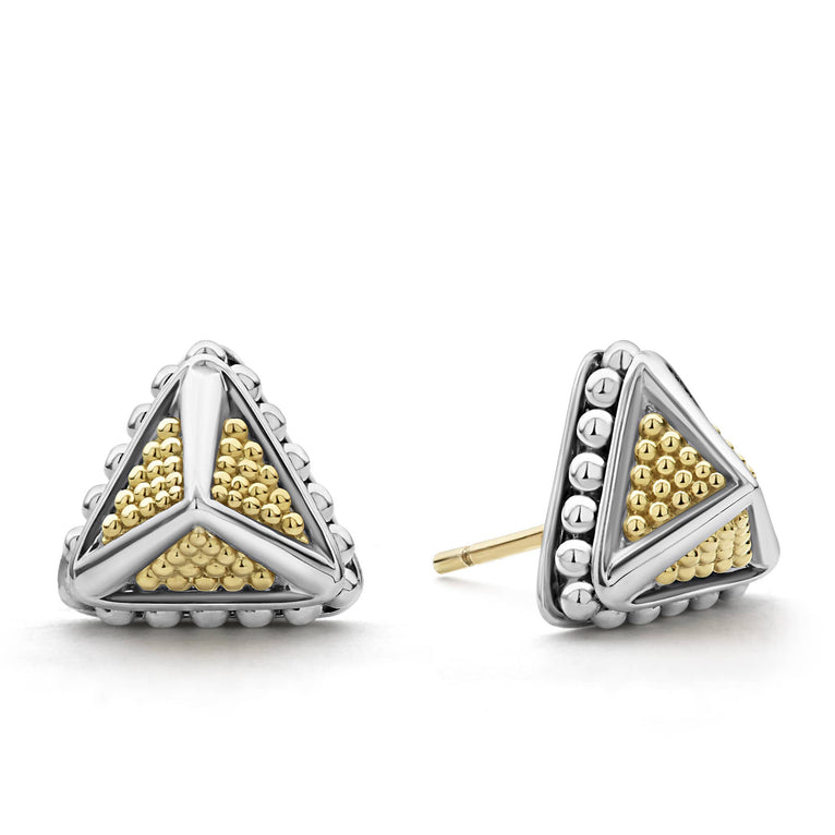 18k gold Caviar beaded pyramid stud earrings with sterling silver accents.