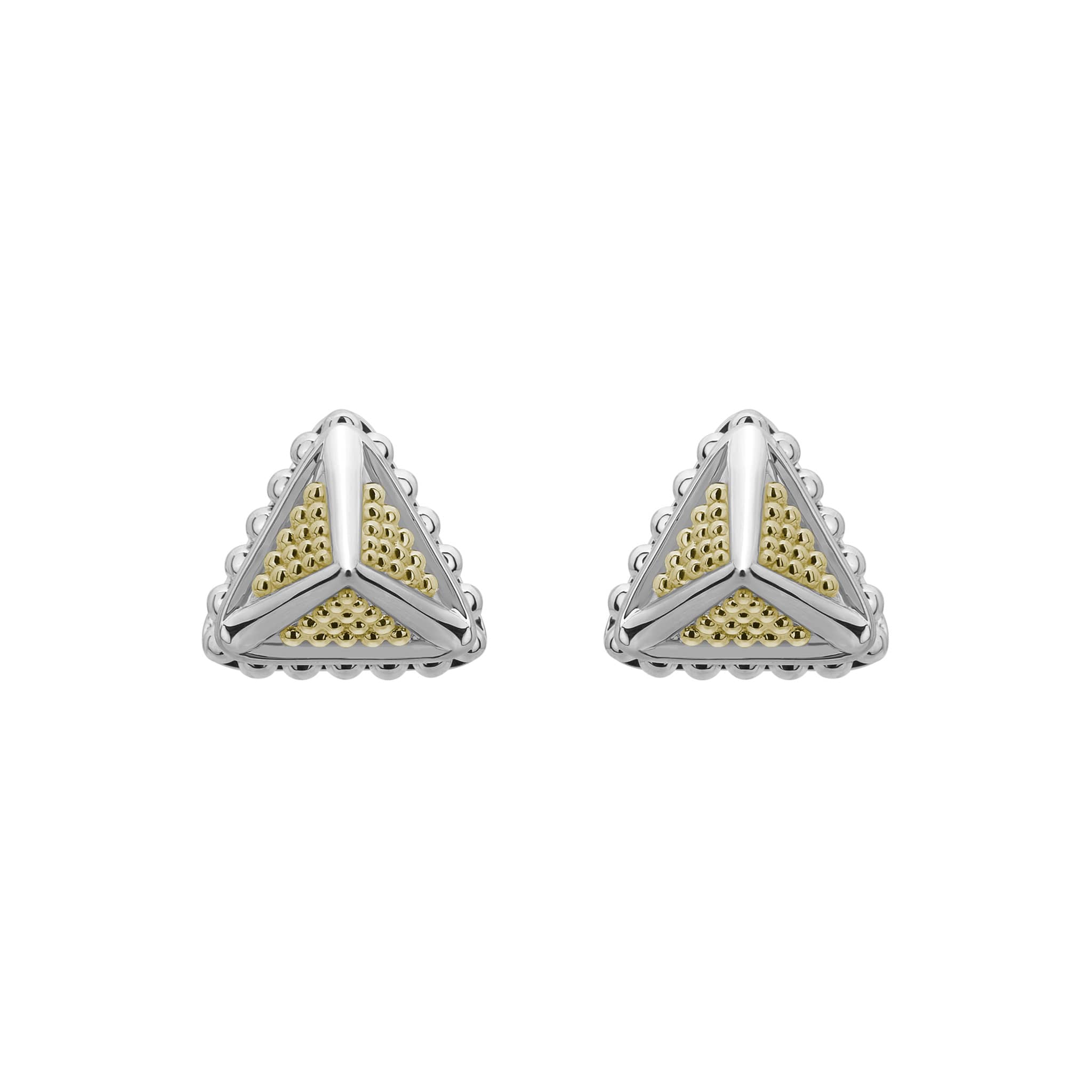 KSL Large Caviar Pyramid Stud Earrings in polished silver-tone metal with Y-shaped silver bars and intricate gold bead detailing for an elegant, sophisticated look.