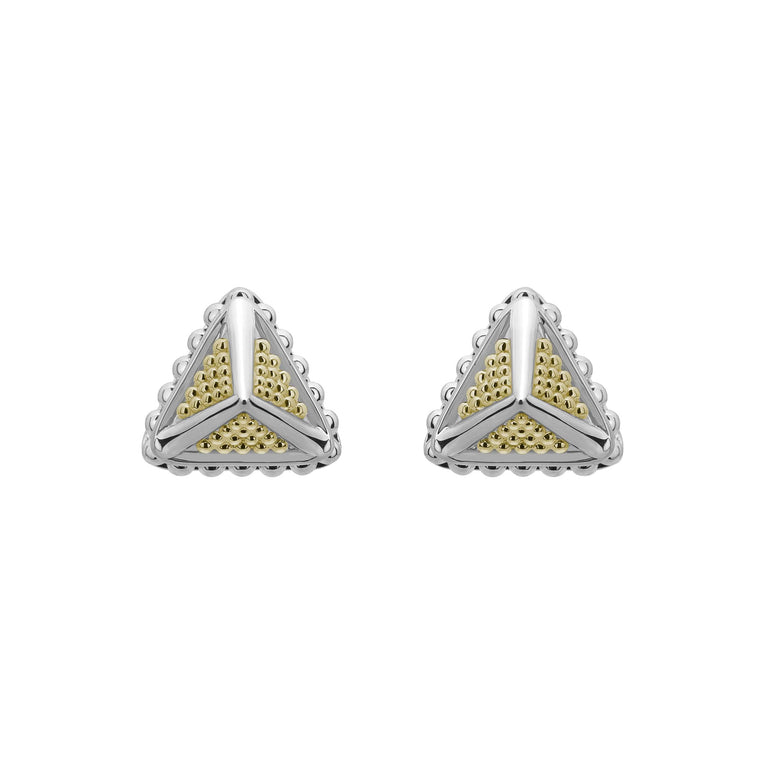 KSL Large Caviar Pyramid Stud Earrings in polished silver-tone metal with Y-shaped silver bars and intricate gold bead detailing for an elegant, sophisticated look.