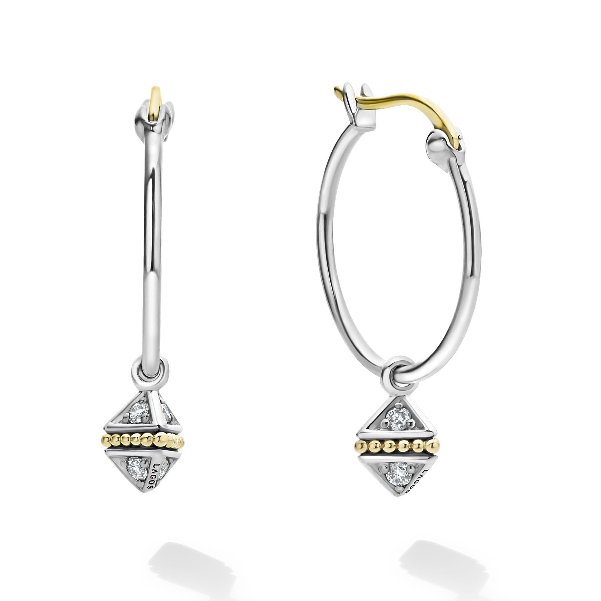 Drop diamond pyramid charms with 18K gold and sterling silver Caviar beading on a sterling silver hoop. Pyramid charms can be removed for added versatility.