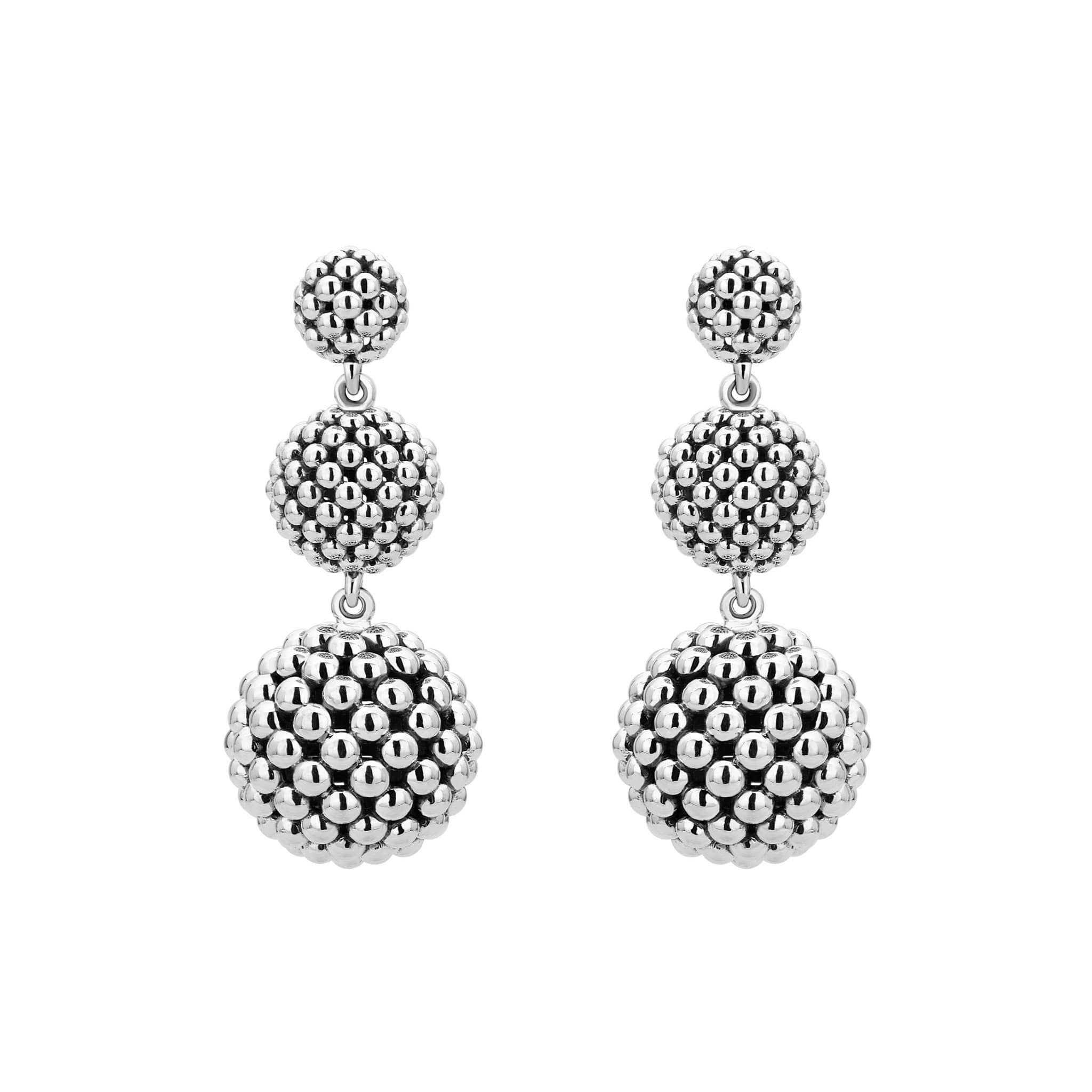 Signature Caviar Sterling Silver Caviar Drop Earrings featuring polished beaded spheres in a graduated design, showcasing elegance and movement, ideal for versatile wear.