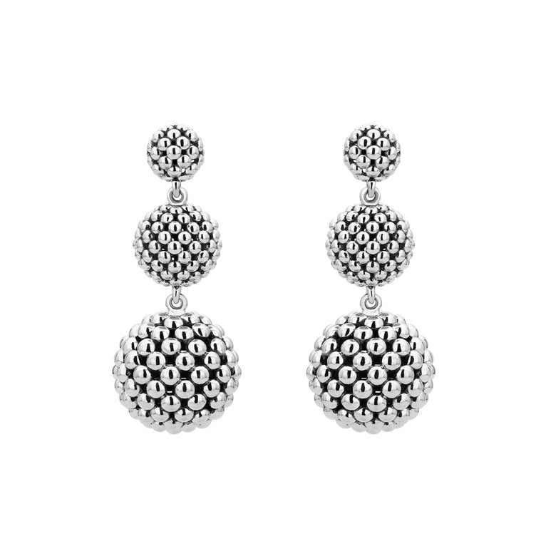Signature Caviar Sterling Silver Caviar Drop Earrings featuring polished beaded spheres in a graduated design, showcasing elegance and movement, ideal for versatile wear.