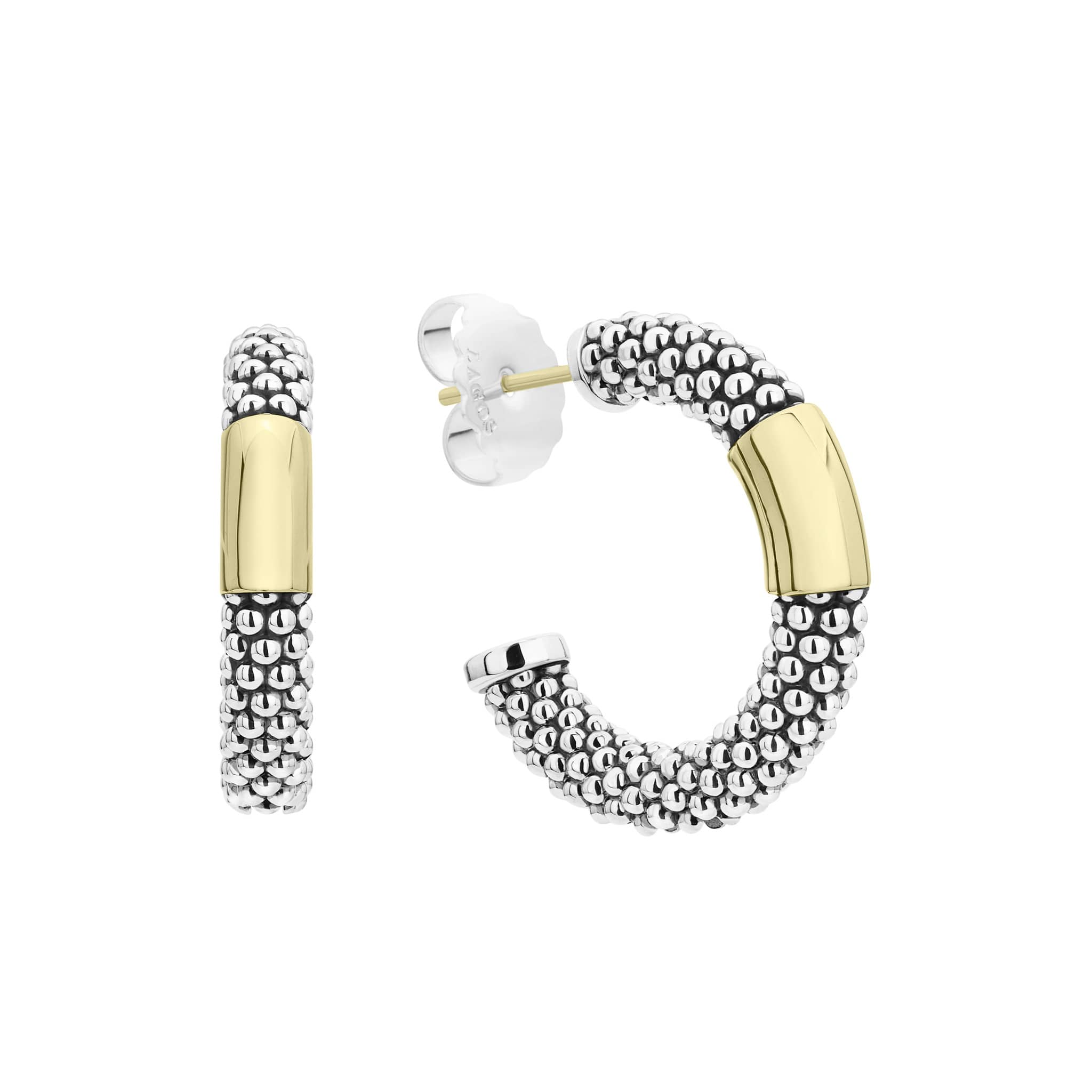 Hoop earrings with smooth 18K gold and classic sterling silver Caviar beading.