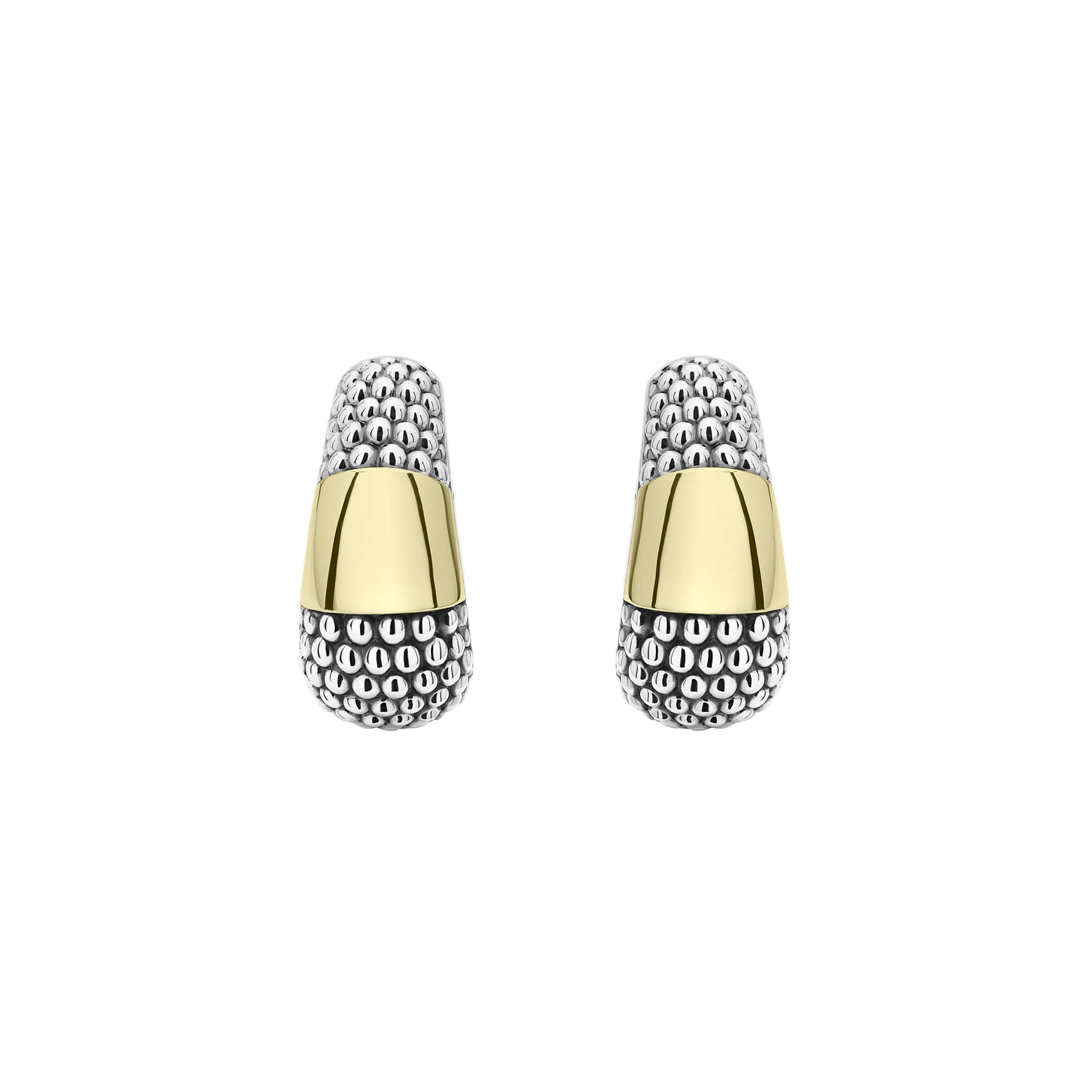 High Bar Two-Tone Caviar Omega Clip Earrings featuring 18K gold center with sterling silver granulated texture, showcasing LAGOS's dedication to elegance and quality craftsmanship.