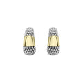 High Bar Two-Tone Caviar Omega Clip Earrings featuring 18K gold center with sterling silver granulated texture, showcasing LAGOS's dedication to elegance and quality craftsmanship.