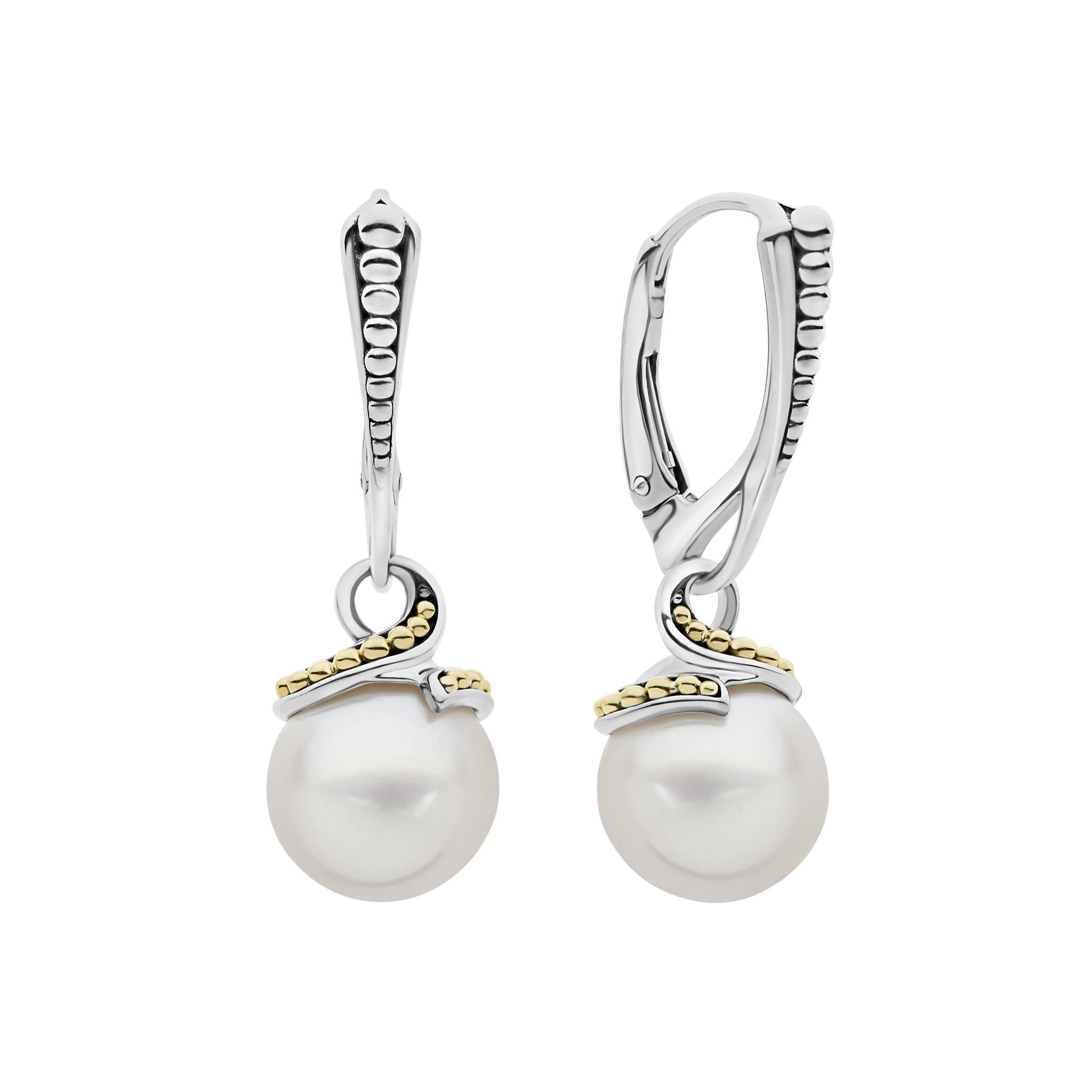 Cultured freshwater pearl drop earrings with sterling silver and 18K gold accents.