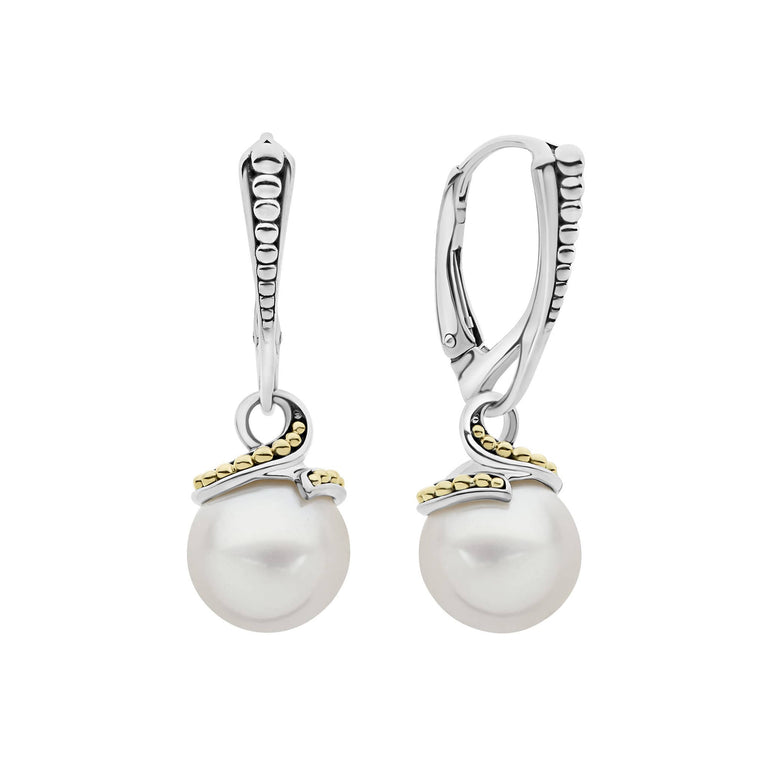 Cultured freshwater pearl drop earrings with sterling silver and 18K gold accents.