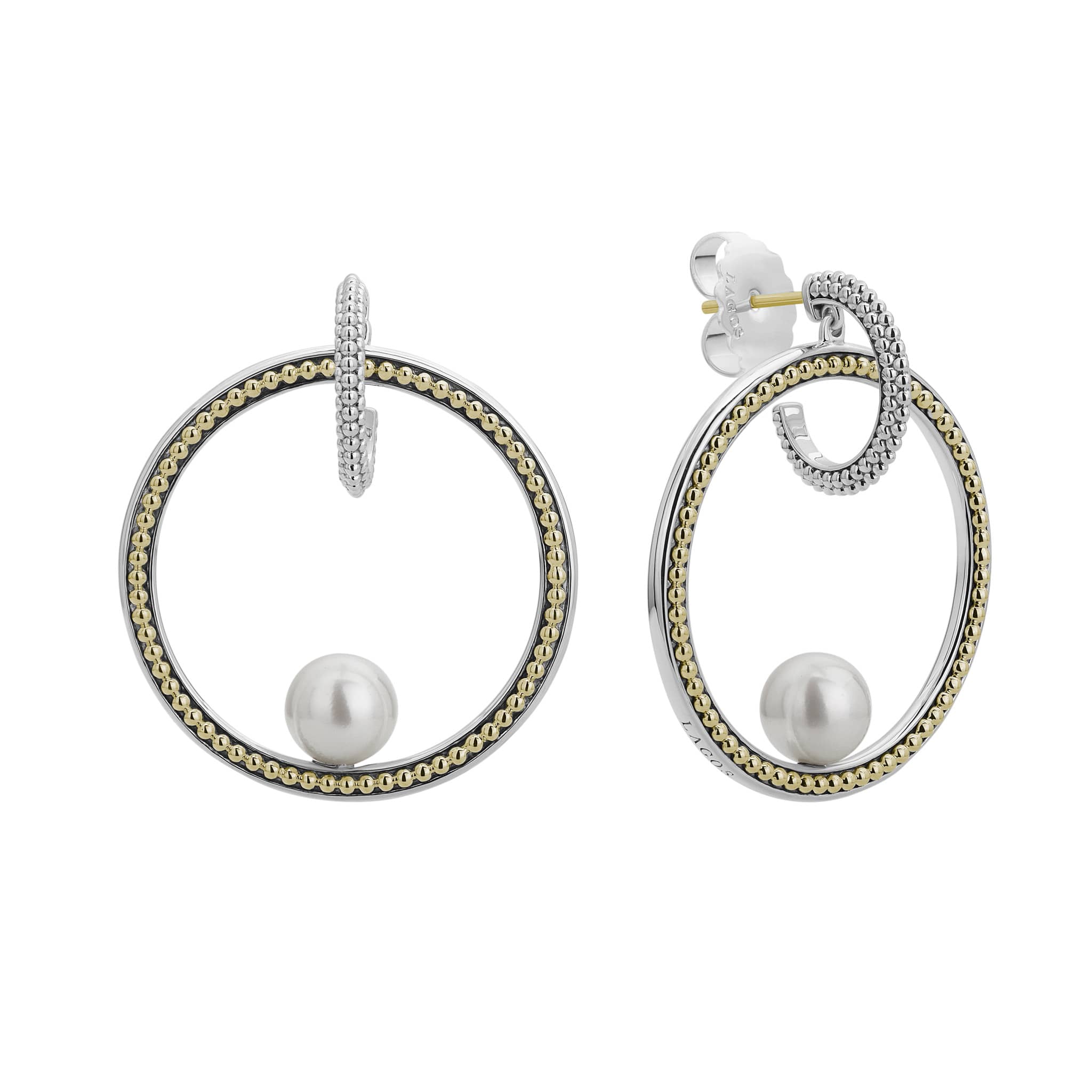 Cultured freshwater pearls are the highlight of these hoop drop earrings with Caviar beading in 18K gold and sterling silver.
