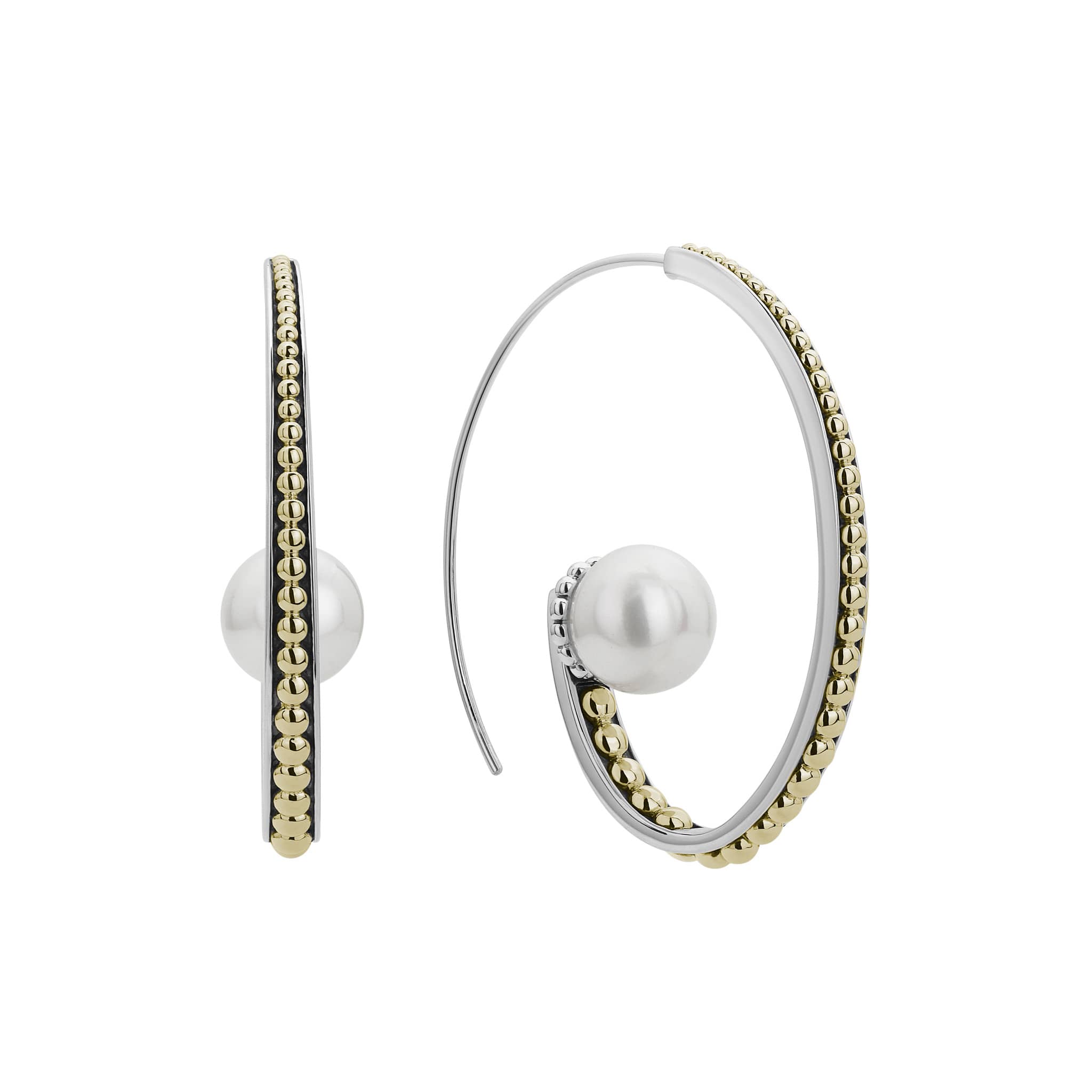 Cultured freshwater pearl earrings with Caviar beading in 18K gold and sterling silver. Elongated French wire curved backing.