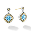 Swiss blue topaz gemstone drop earrings surrounded by sterling silver and 18K gold Caviar beading.