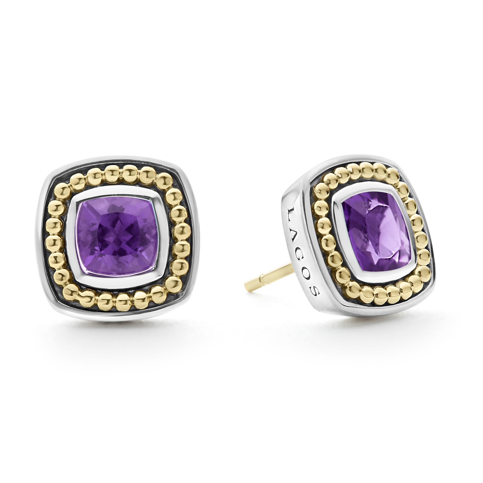 A LAGOS exclusive. Amethyst gemstone stud earrings surrounded by sterling silver and 18K gold Caviar beading.