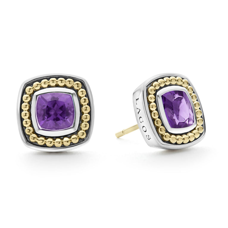 A LAGOS exclusive. Amethyst gemstone stud earrings surrounded by sterling silver and 18K gold Caviar beading.