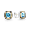 Swiss blue topaz gemstone stud earrings surrounded by sterling silver and 18K gold Caviar beading.