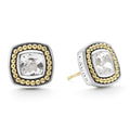 White topaz gemstone stud earrings surrounded by sterling silver and 18k gold Caviar beading.